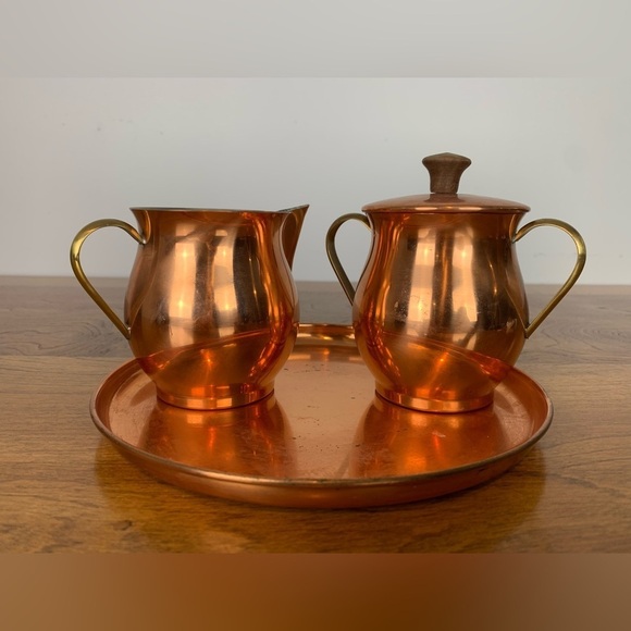Copral Other - Copral Copper Brass Creamer Sugar Bowl Tray Set Made In Portugal Vtg Mixed Metal